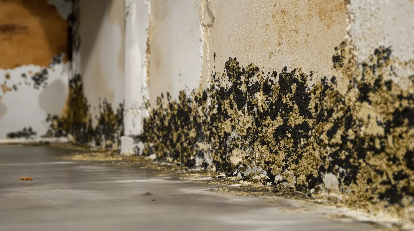 Mold growth on a basement wall caused by chronic moisture — a health hazard that develops within 24-48 hours of water exposure