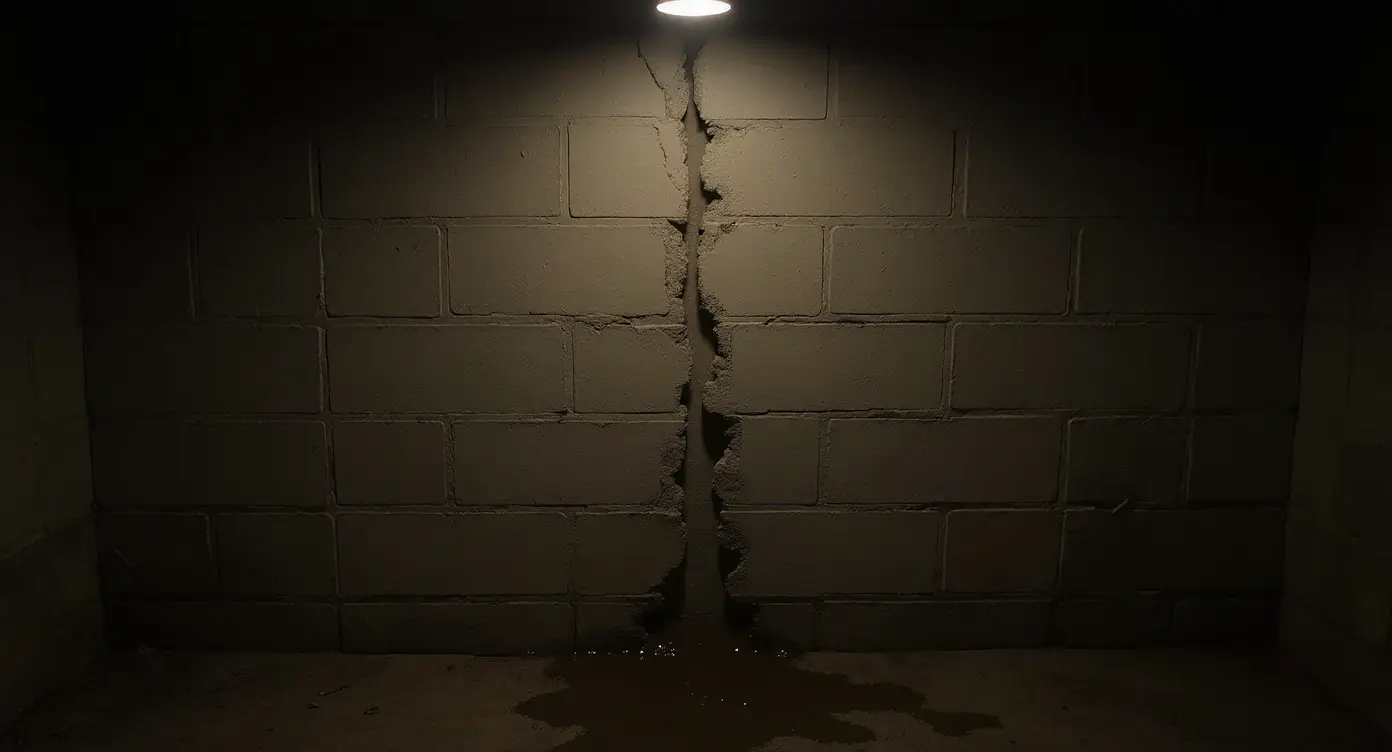 Basement wall under lateral earth pressure with horizontal crack and moisture seepage along mortar joints