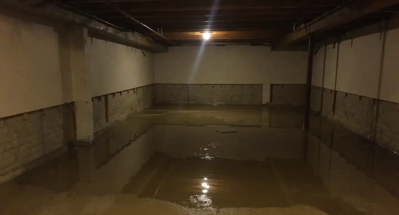 Standing water on basement floor after rainfall entering through the wall-floor joint