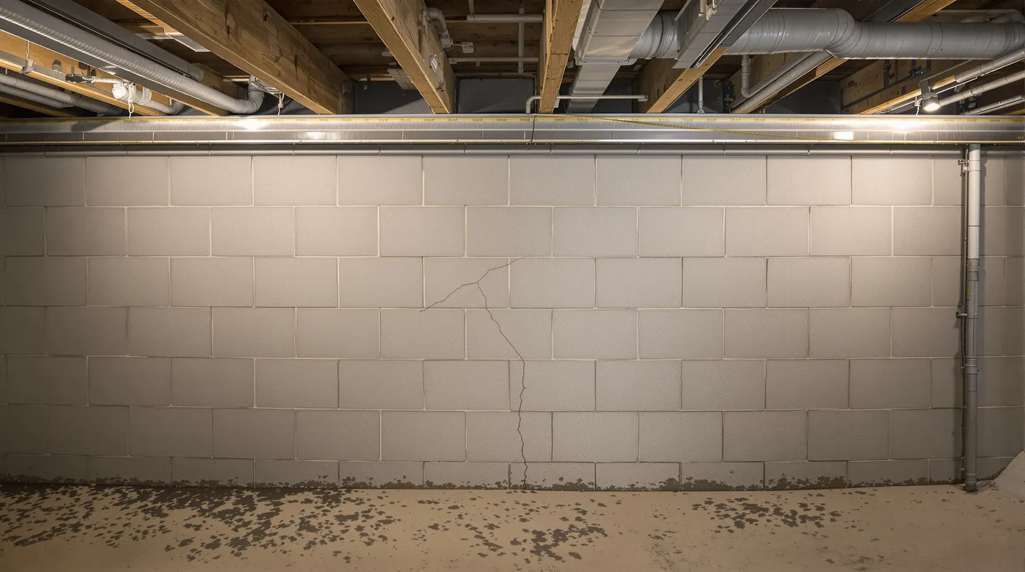 A bowing basement wall requiring structural stabilization — the type of condition that wall anchors, carbon fiber, and I-beams are designed to address
