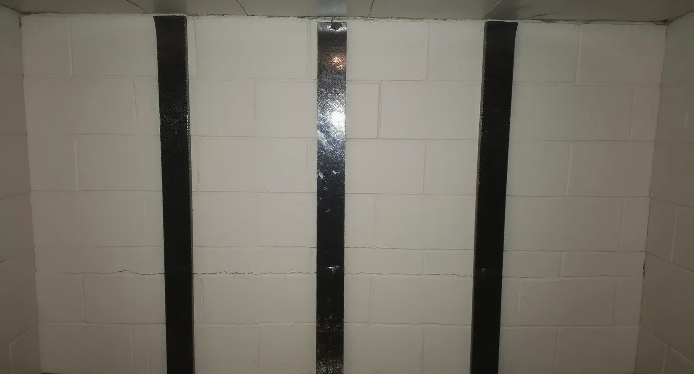 Repaired bowing basement wall with carbon fiber straps bonded vertically to stabilize the structure — a clean, professional installation that arrests further deflection without excavation
