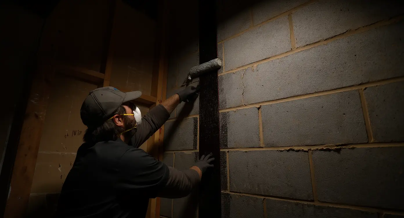 Stage 3 severely bowing basement wall with widened horizontal cracks, visible inward deflection exceeding 2 inches, and moisture seepage through failed mortar joints — past the design tolerance requiring structural reinforcement