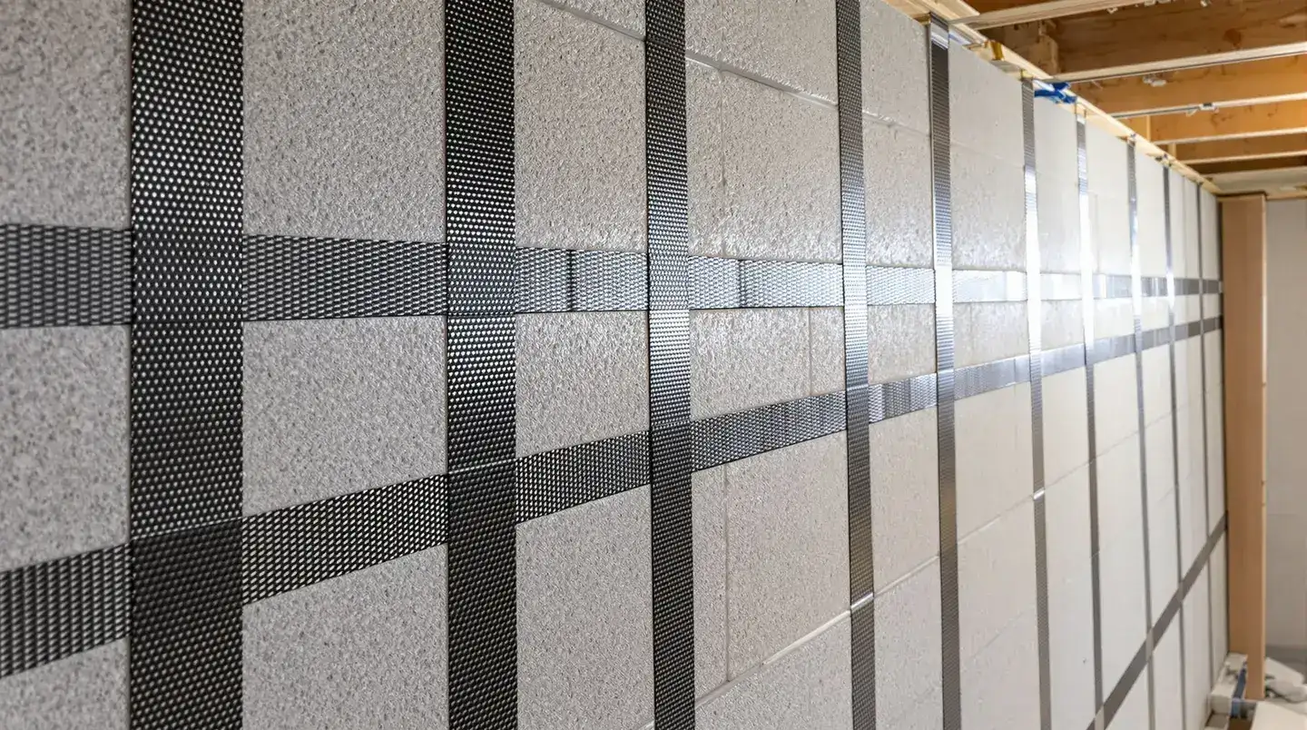 Carbon fiber reinforcement straps installed on a concrete block basement wall — black fiber strips bonded vertically with structural epoxy