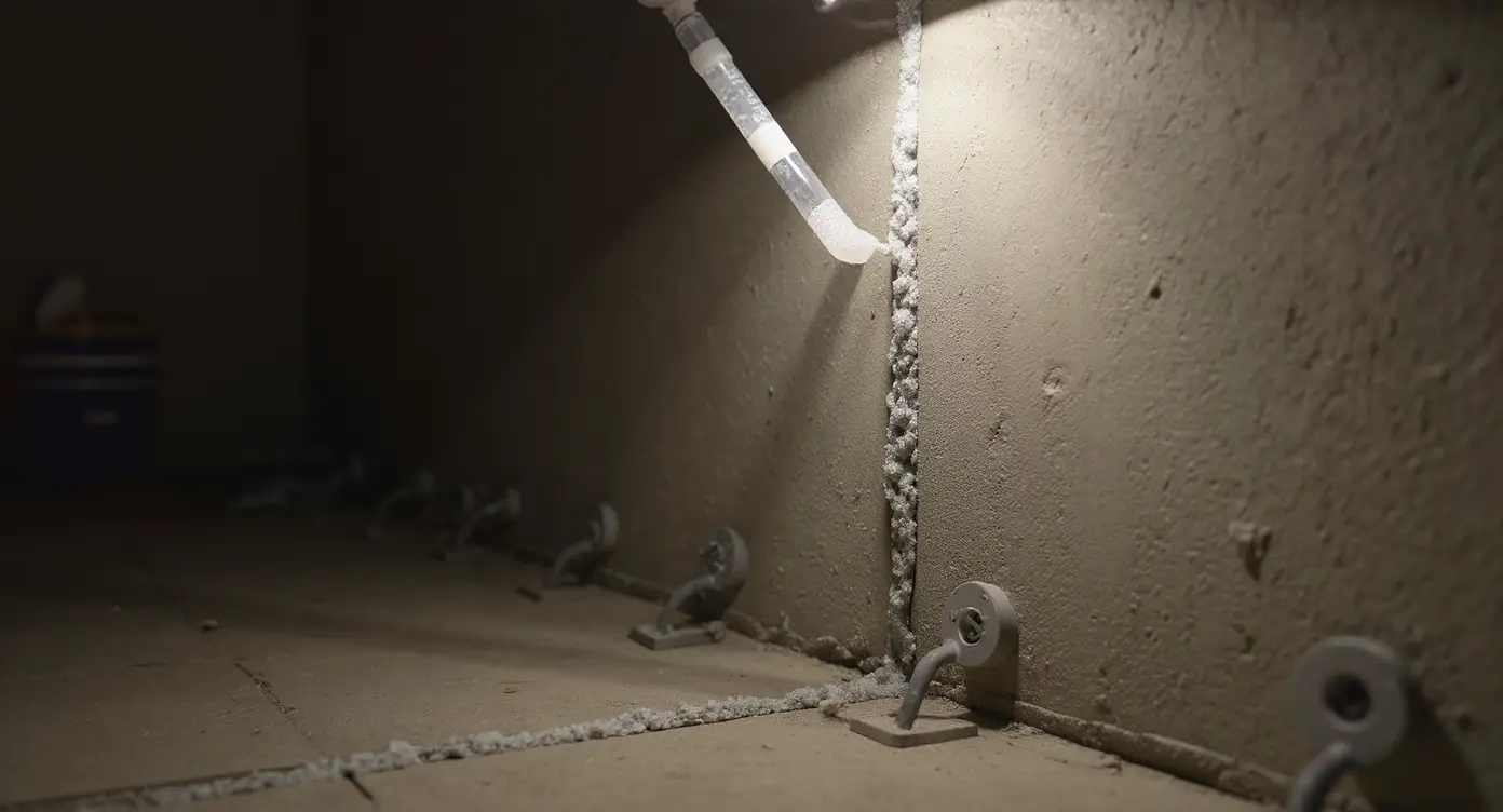 Foundation crack injection repair with ports installed along a vertical crack and polyurethane resin being injected