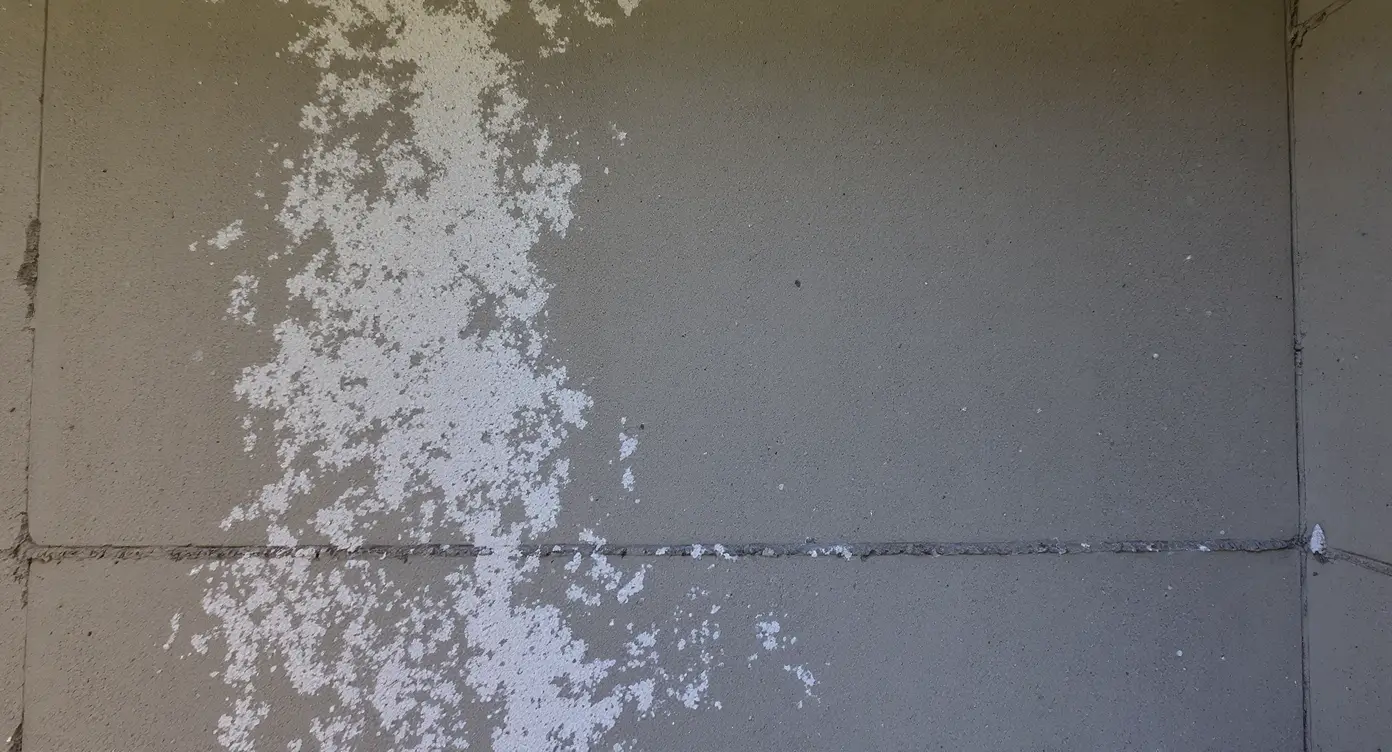 White crystalline efflorescence deposits on concrete block basement wall indicating moisture migration through the masonry