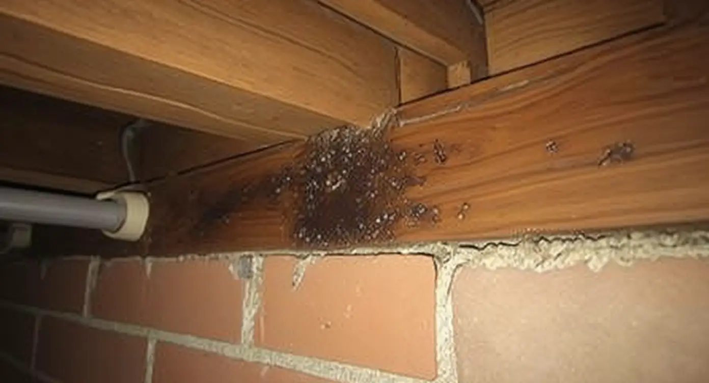 Wood sill plate showing rot and decay caused by persistent basement moisture and efflorescence as a consequence of chronic dampness against foundation framing