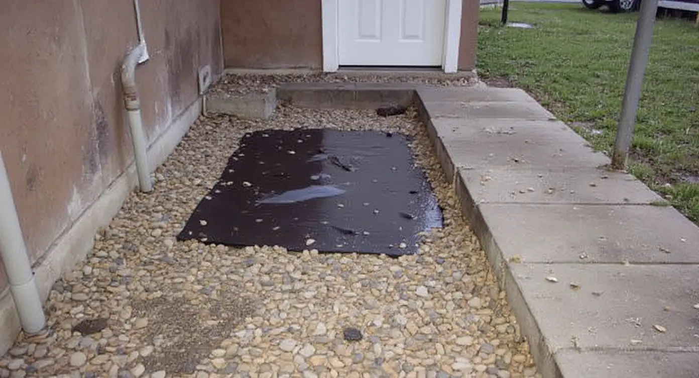 Exterior foundation waterproofing with excavation trench, dimple board membrane, and drain tile installation