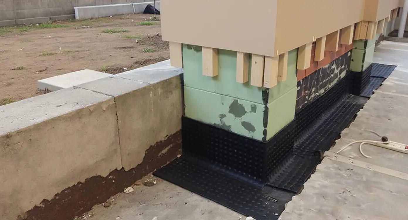 Close-up of waterproof membrane application on exterior foundation wall showing thick coating that forms continuous barrier against groundwater penetration