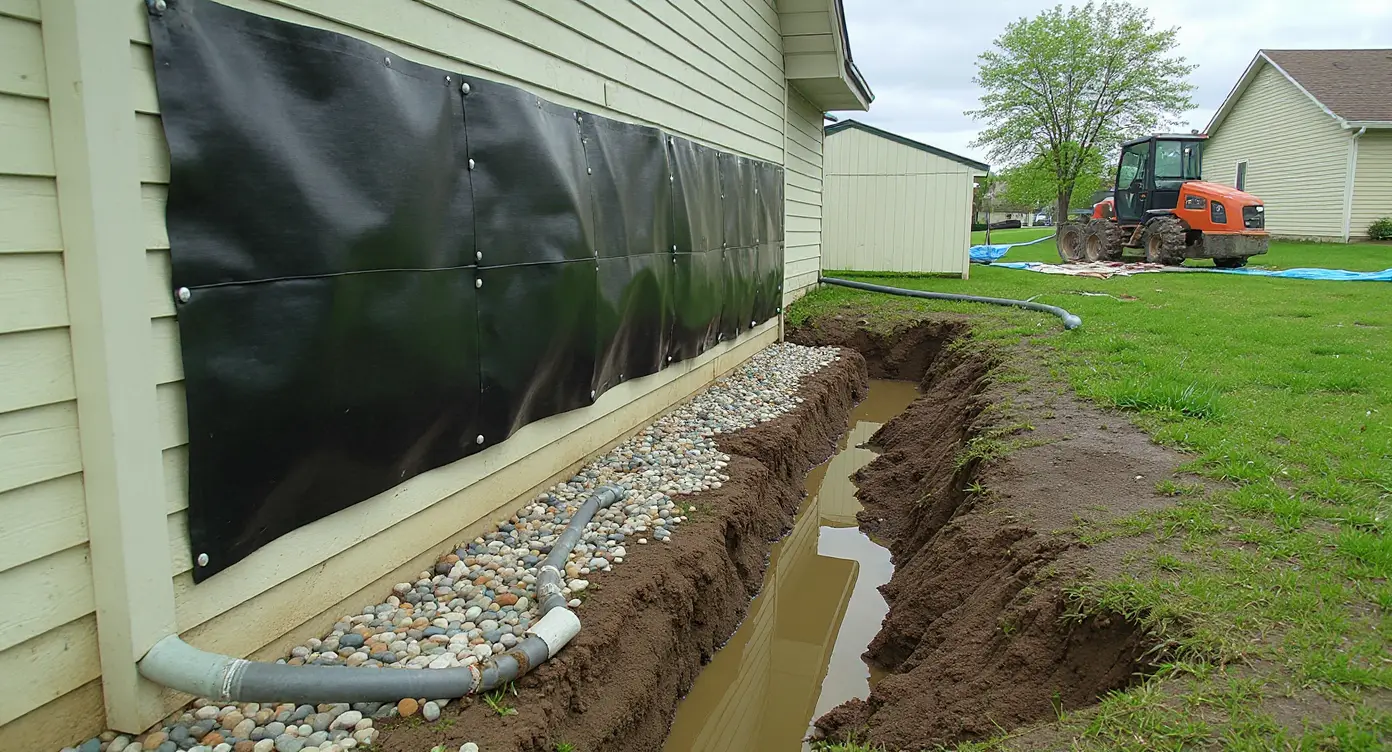 Exterior waterproofing excavation with membrane coating and drain tile at foundation base