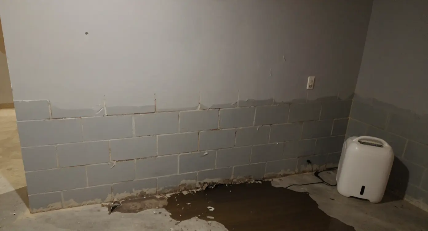 Finished basement drywall cut away to reveal moisture wicking damage height above the flood line showing how far water travels upward during remediation