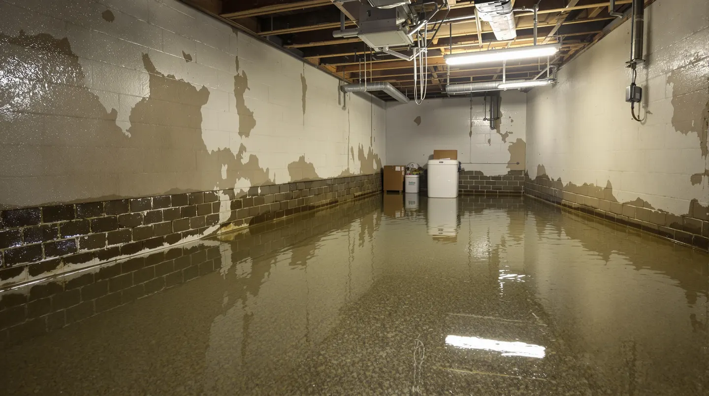 A flooded unfinished basement with standing water covering the floor — the result of seasonal pressure surges overwhelming basement defenses