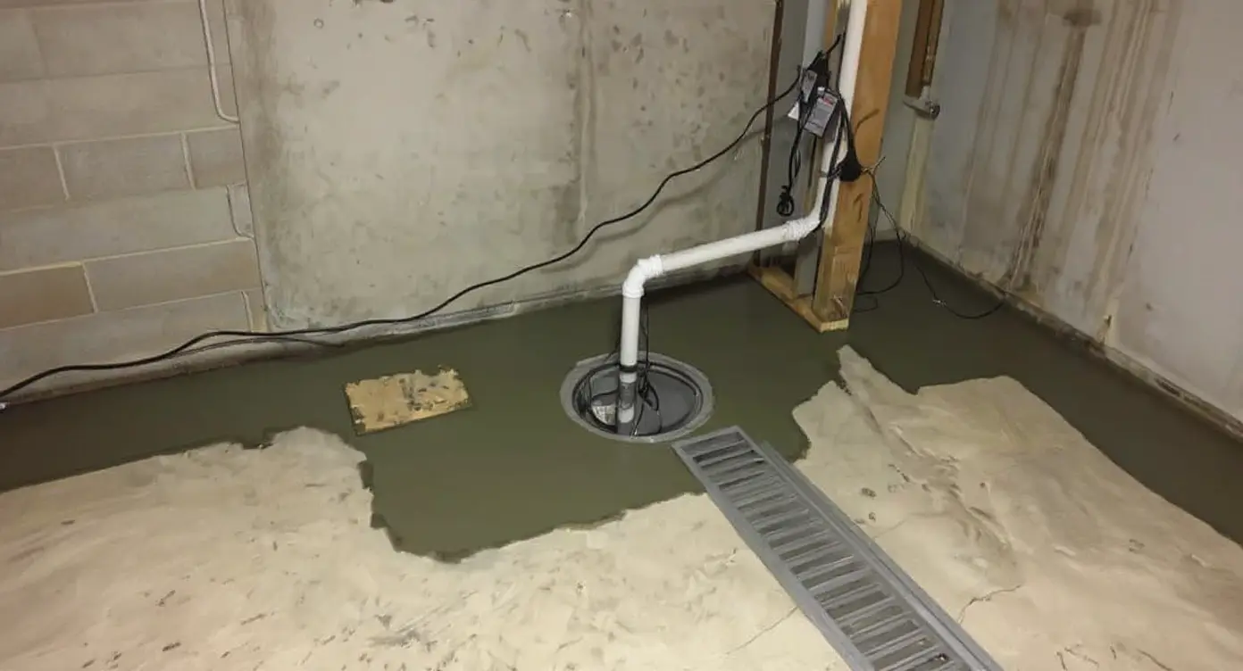 Completed French drain channel sealed along basement perimeter floor showing finished installation with concrete cap over perforated pipe and gravel system