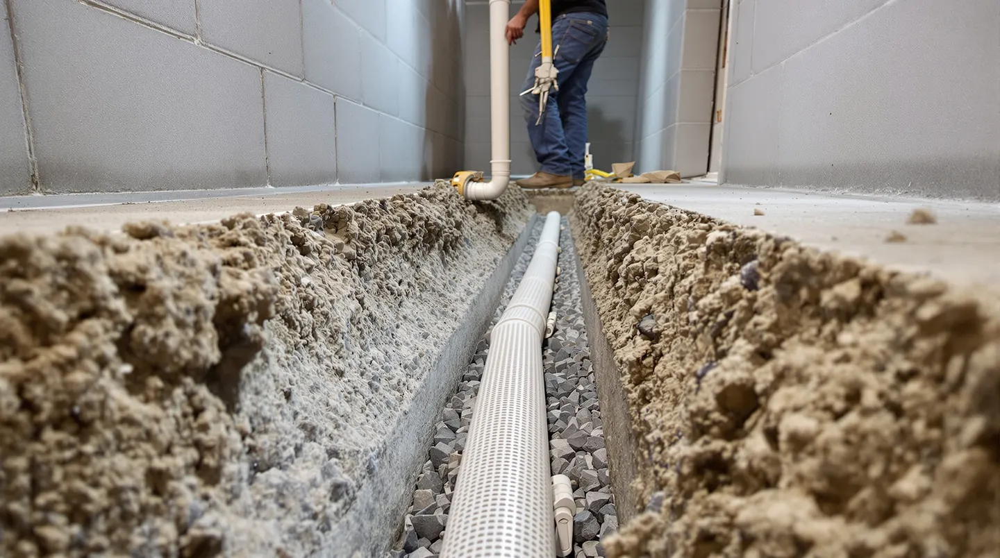 A French drain being installed along a basement perimeter — perforated pipe in a gravel-filled trench at the footing level