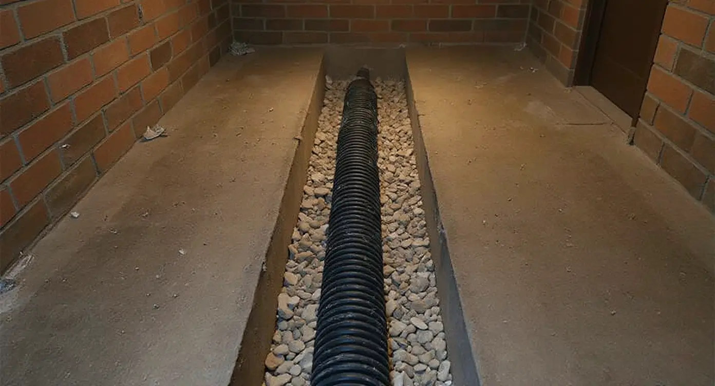 Interior French drain installation showing perimeter trench with corrugated drain pipe in gravel bed
