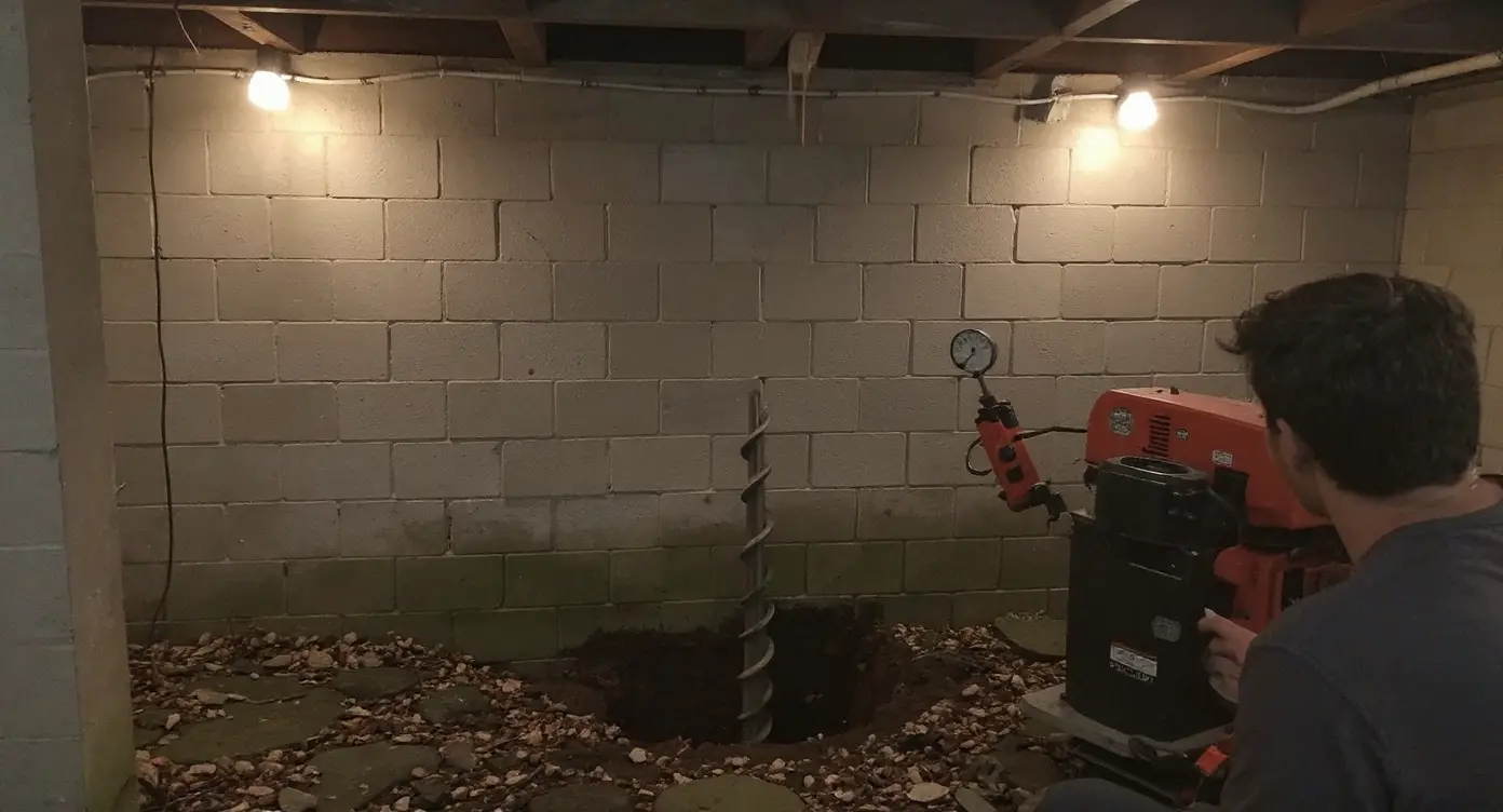 Helical tieback installation showing rotary drilling of helical shaft through foundation wall with torque monitoring during soil advancement process