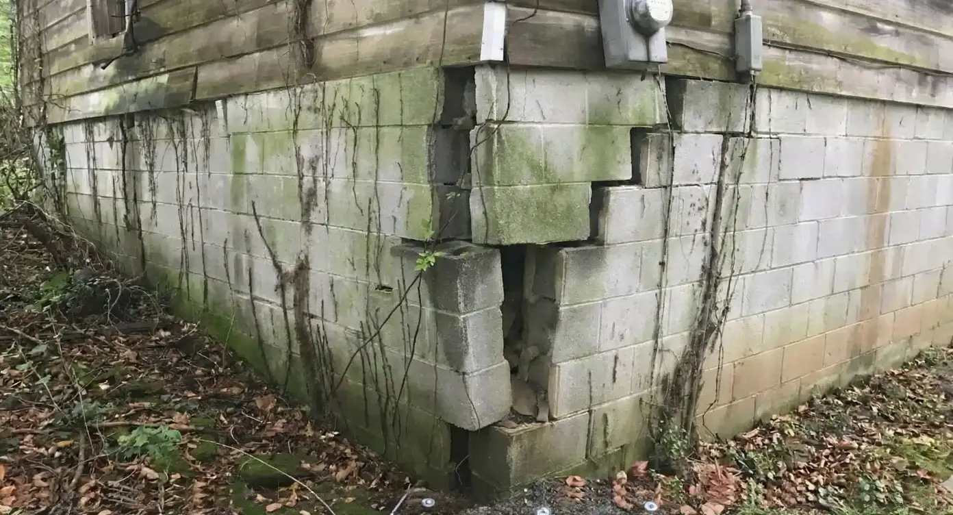 Helical tieback anchor plates installed on a bowing basement wall to resist lateral earth pressure