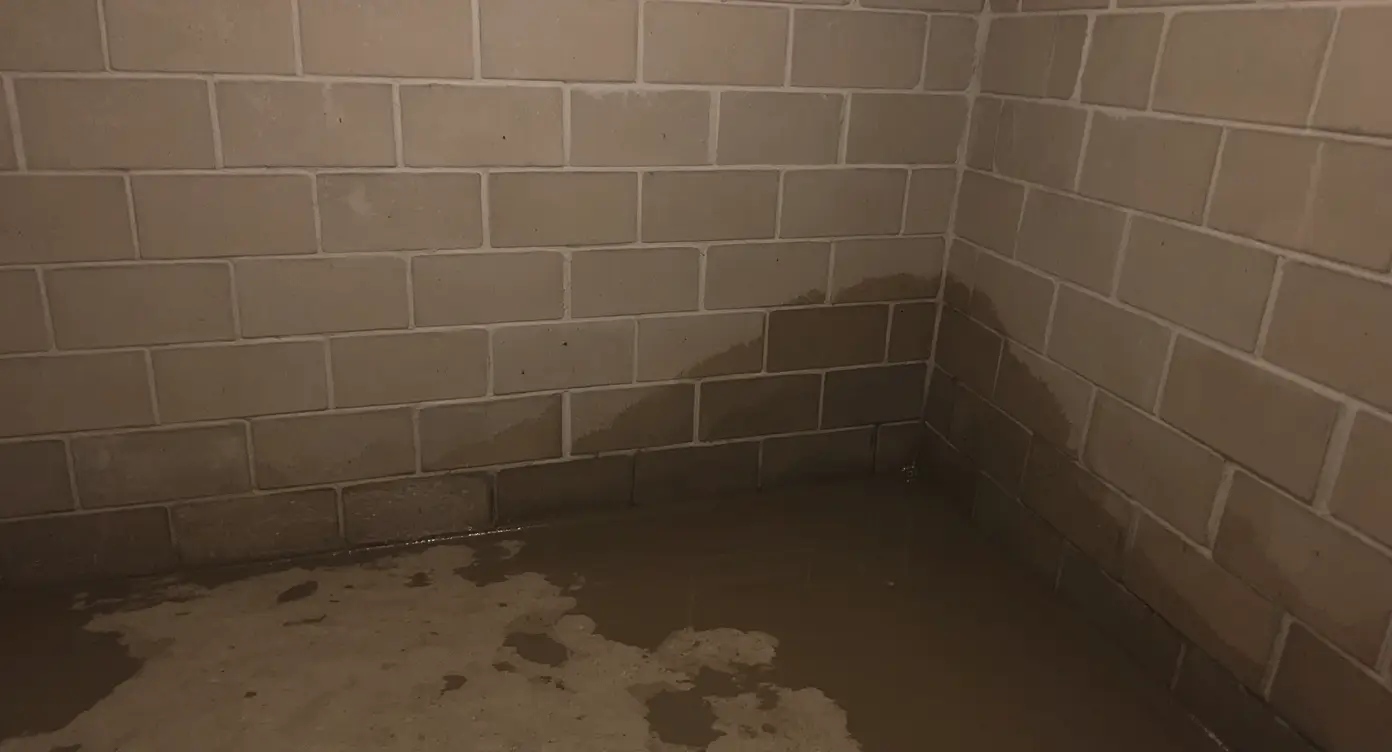 Unfinished basement showing early signs of water intrusion — damp concrete block wall with efflorescence near the base and moisture visible at the cove joint where wall meets floor