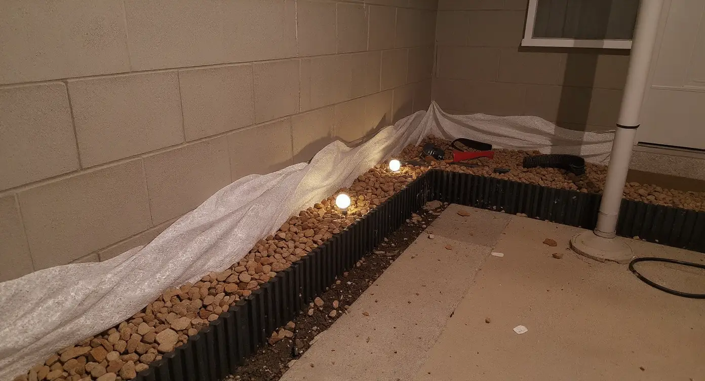 Interior basement waterproofing system installation with perimeter drain tile, vapor barrier, and gravel trench