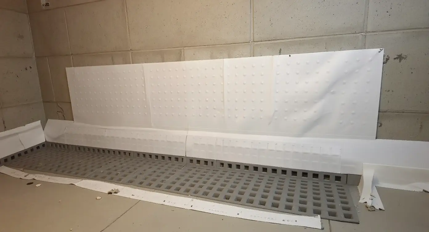 Dimple board vapor barrier installed on basement wall showing raised dimple pattern that creates air gap for moisture drainage into perimeter channel