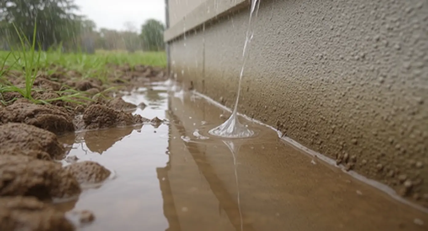 Rain falling on soil near a residential foundation wall with water pooling at the base