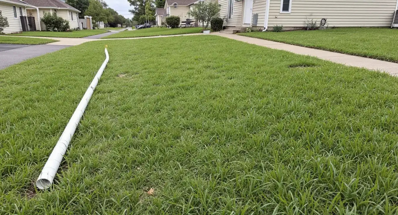 Sump pump discharge line routed to exterior outlet at proper distance from foundation wall showing correct routing to prevent water recirculation