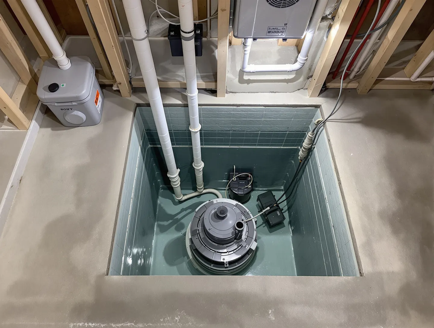 A sump pump system installed in a basement floor pit with backup battery unit — the last line of defense against hydrostatic pressure