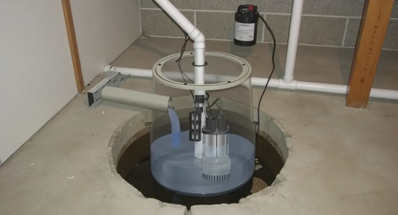 Complete sump pump system installation with primary pump, battery backup, and sealed basin in basement floor