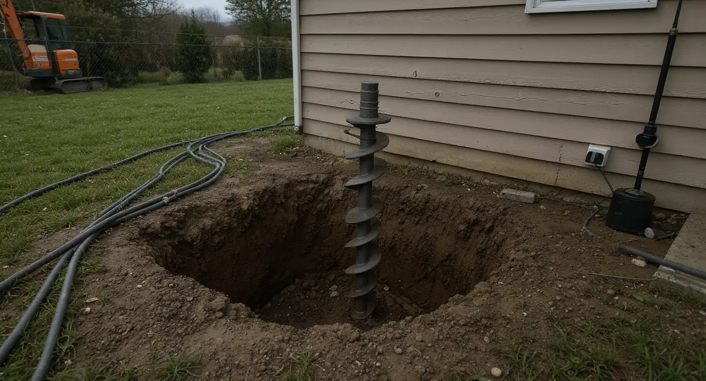 Exterior earth anchor component of wall anchor system installed in stable soil beyond the foundation pressure zone for basement wall stabilization