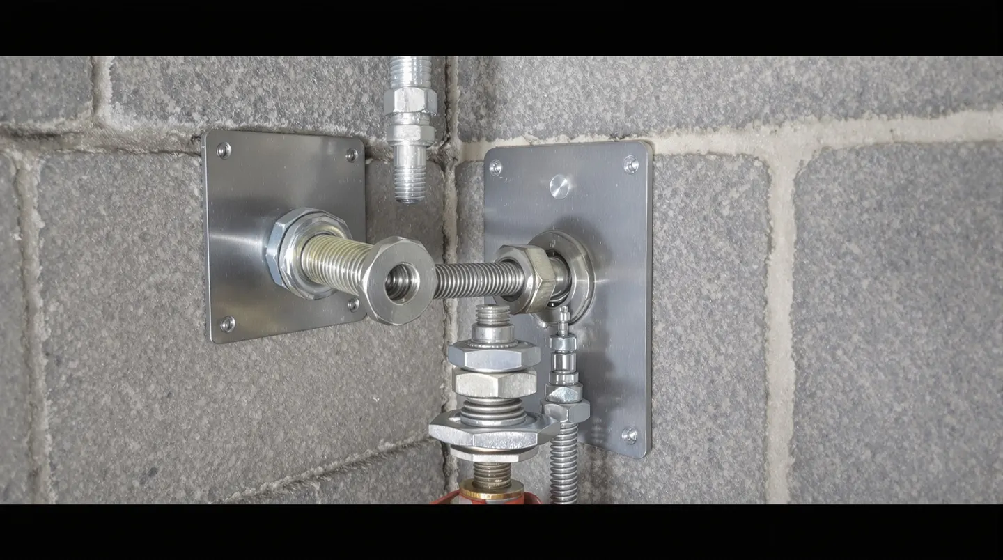 A wall anchor plate system installed on a basement wall — steel plate with threaded rod connecting through the wall to an earth anchor in stable soil