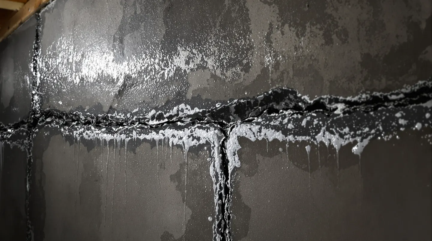 Water seeping through a horizontal crack in a poured concrete basement wall, showing efflorescence deposits around the crack edges