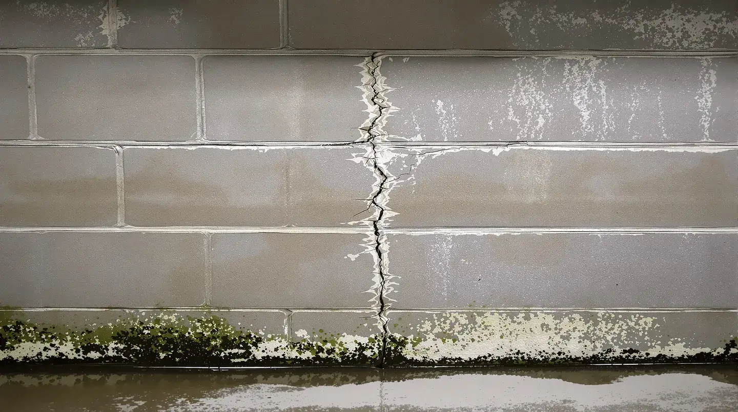 Step-crack pattern in a concrete block basement wall with water stains and early mold growth — visible signs of water pressure damage