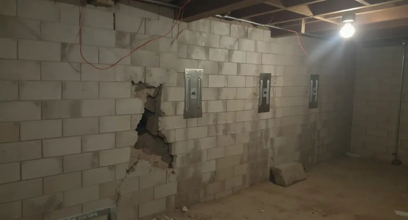 Basement wall replacement in progress — severely damaged wall section demolished with temporary shoring supporting the structure