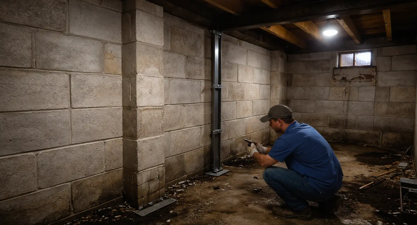 Foundation wall replacement showing rebar reinforcement cage and concrete block forms during new wall construction and rebuild process