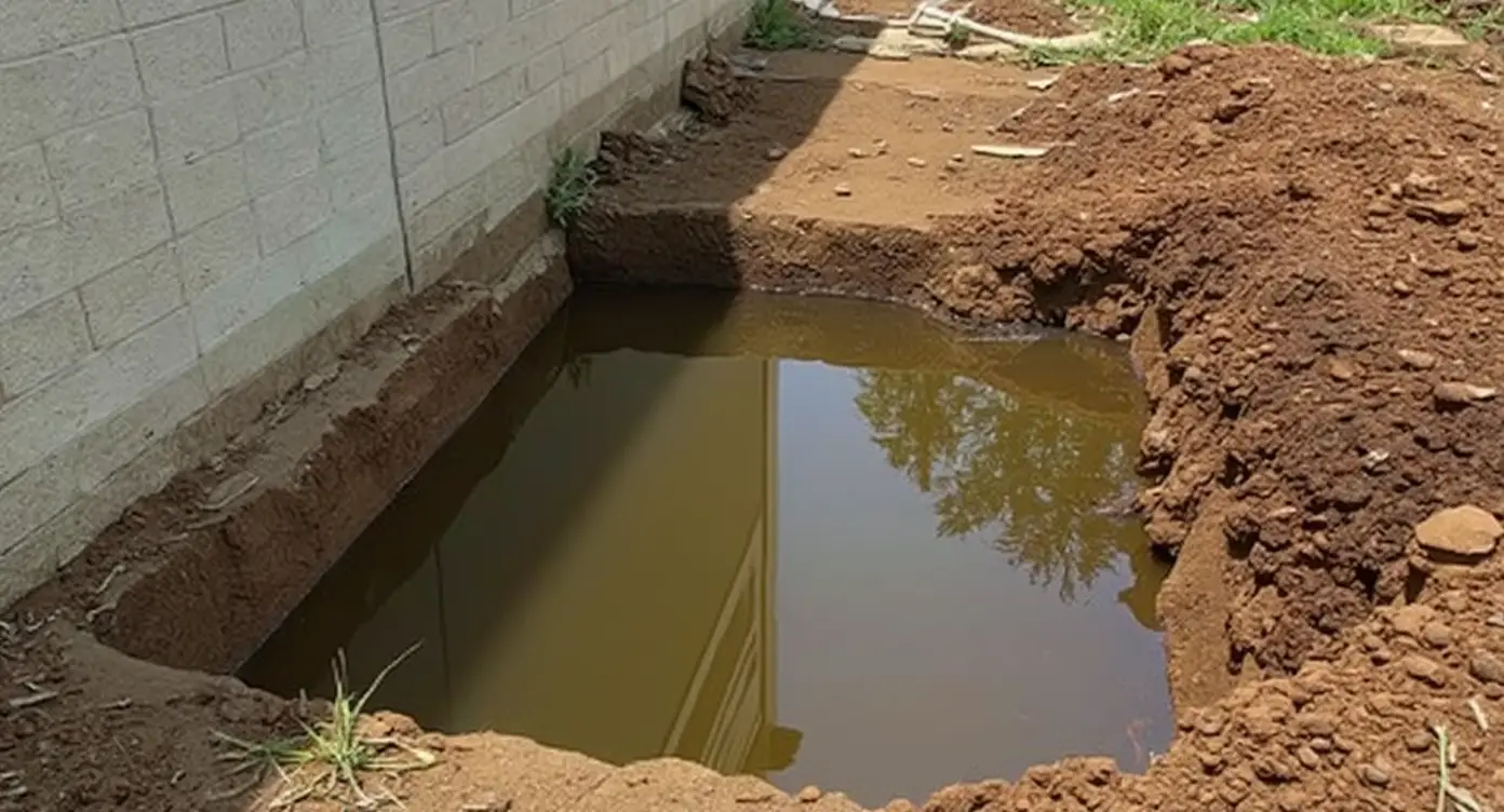 Water table visible in foundation excavation trench showing the saturation line in soil layers