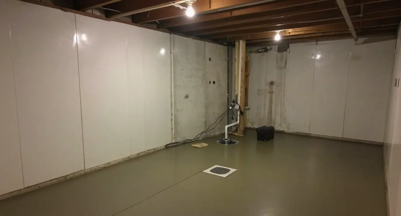 A completed interior waterproofing installation showing drain tile, sump pit with pump, and vapor barrier — what a professional waterproofing investment looks like