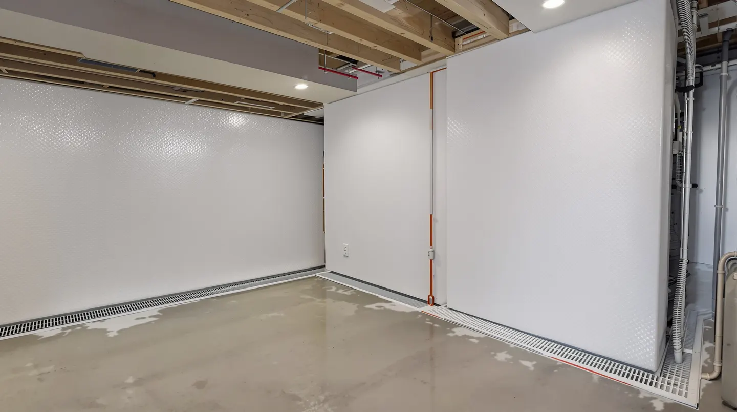 A basement with full waterproofing system installed — dimpled drainage membrane on walls, interior perimeter drain, and dehumidifier